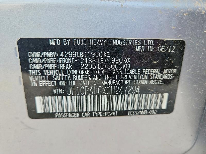 2012 Subaru Impreza მანქანა იყიდება აუქციონზე, vin: JF1GPAL6XCH247294, აუქციონის ნომერი: 62123076