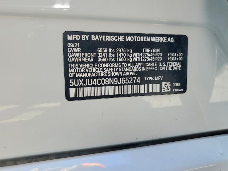 56590216 :رقم المزاد ، 5UXJU4C08N9J65274 vin ، 2022 Bmw X5 مزاد بيع
