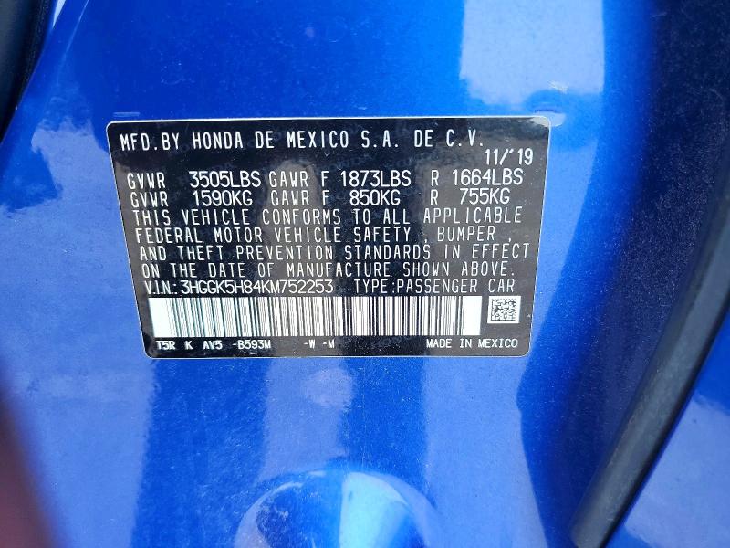 Продажа на аукционе авто 2019 Honda Fit, vin: 3HGGK5H84KM752253, номер лота: 61582866