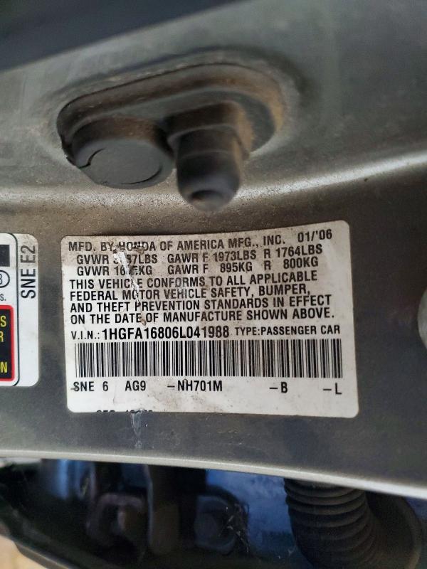 Aukcja sprzedaży 2006 Honda Civic, vin: 1HGFA16806L041988, numer aukcji: 61863816