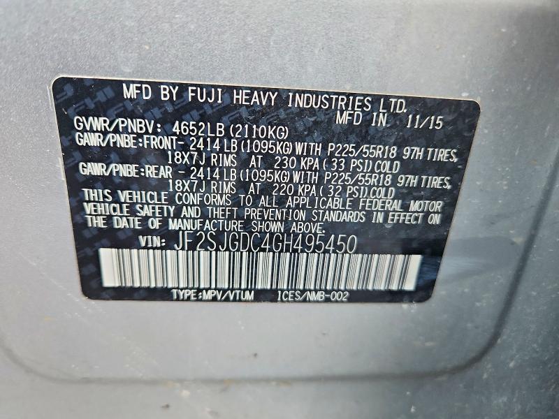 2016 Subaru Forester მანქანა იყიდება აუქციონზე, vin: JF2SJGDC4GH495450, აუქციონის ნომერი: 60440656