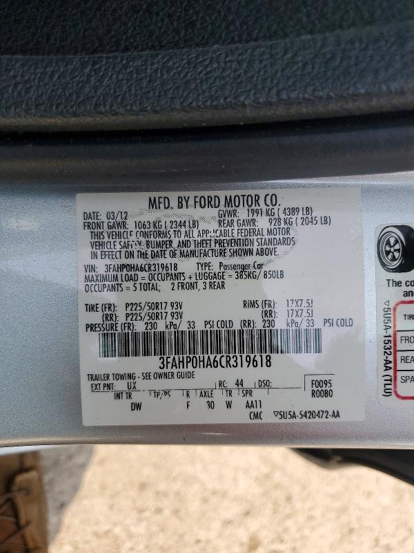 2012 Ford Fusion მანქანა იყიდება აუქციონზე, vin: 3FAHP0HA6CR319618, აუქციონის ნომერი: 60965826