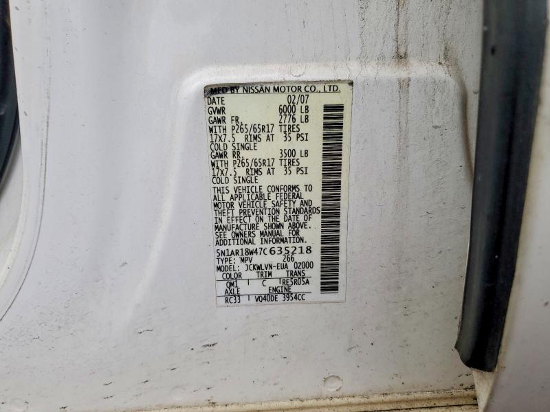 2007 Nissan Pathfinder მანქანა იყიდება აუქციონზე, vin: 5N1AR18W47C635218, აუქციონის ნომერი: 63006166