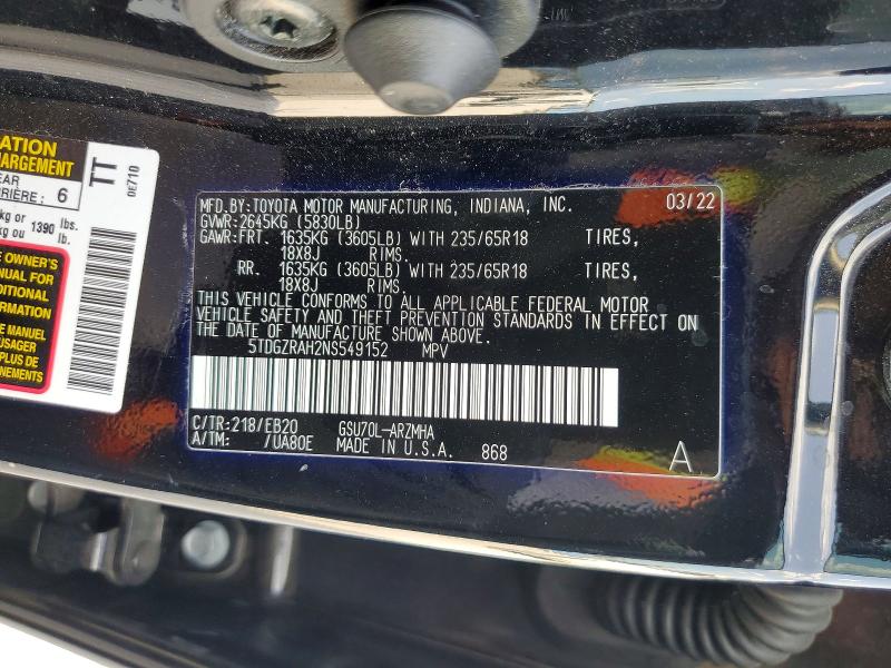 Aukcja sprzedaży 2022 Toyota Highlander, vin: 5TDGZRAH2NS549152, numer aukcji: 62345126