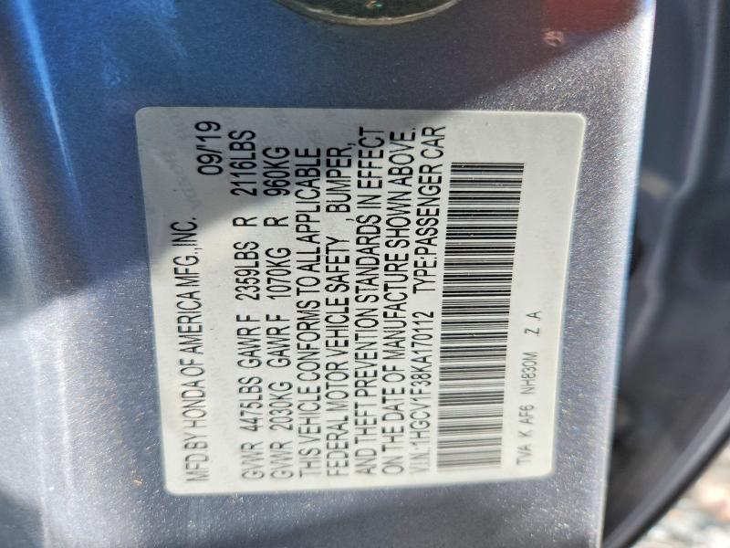 Продаж на аукціоні авто 2019 Honda Accord, vin: 1HGCV1F38KA170112, номер лоту: 61365636