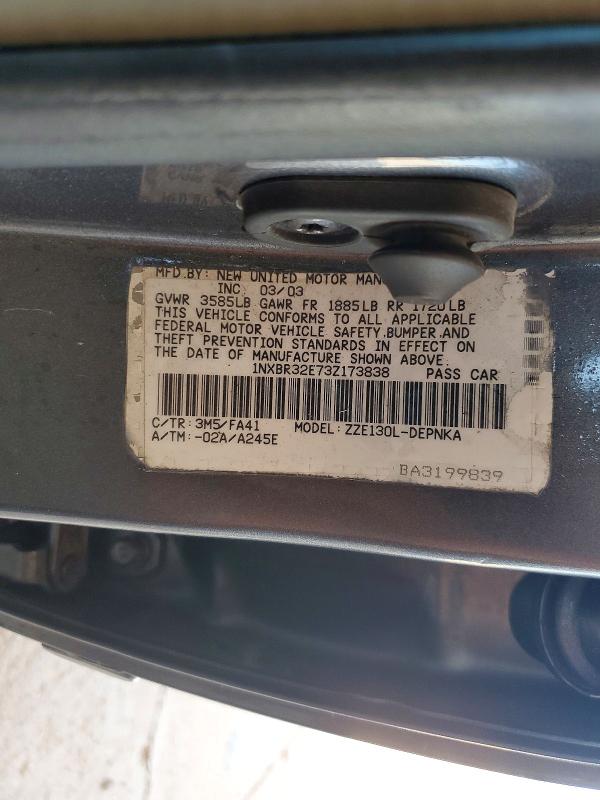 2003 Toyota Corolla მანქანა იყიდება აუქციონზე, vin: 1NXBR32E73Z173838, აუქციონის ნომერი: 60091636