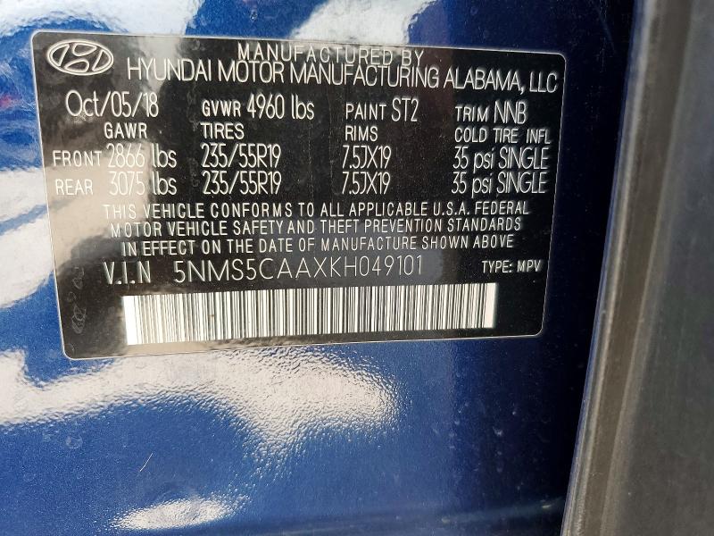 60938886 :رقم المزاد ، 5NMS5CAAXKH049101 vin ، 2019 Hyundai Santa Fe مزاد بيع