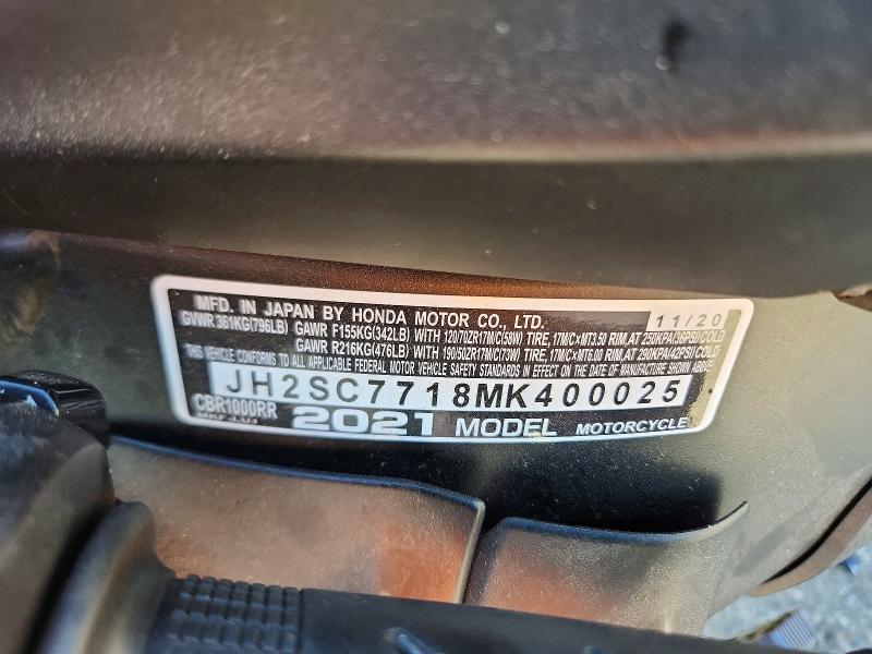 2021 Honda Cbr1000 მანქანა იყიდება აუქციონზე, vin: JH2SC7718MK400025, აუქციონის ნომერი: 61014716