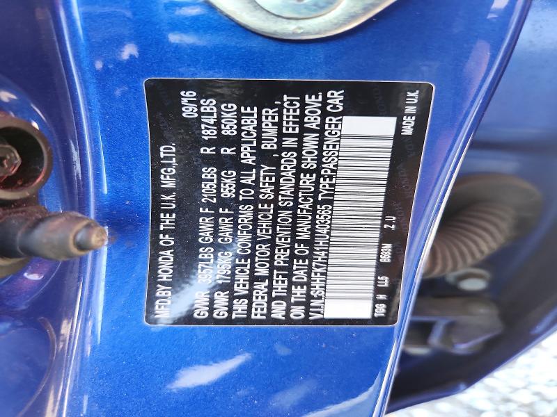 61374366 :رقم المزاد ، SHHFK7H41HU403565 vin ، 2017 Honda Civic مزاد بيع