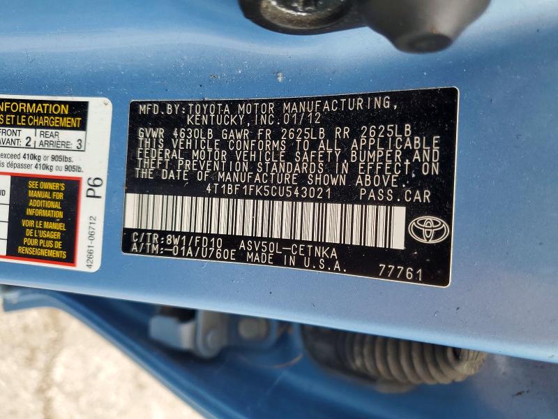 61318026 :رقم المزاد ، 4T1BF1FK5CU543021 vin ، 2012 Toyota Camry مزاد بيع