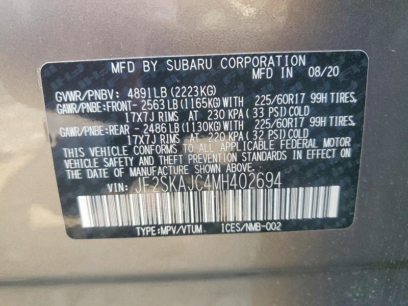 Auction sale of the 2021 Subaru Forester, vin: JF2SKAJC4MH402694, lot number: 61192046