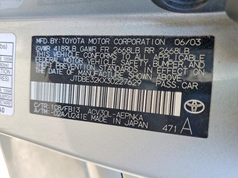Продаж на аукціоні авто 2003 Toyota Camry, vin: JTDBE32KX30227629, номер лоту: 59273336