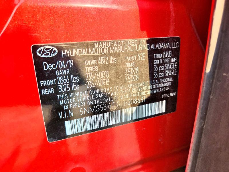 Продаж на аукціоні авто 2020 Hyundai Santa Fe, vin: 5NMS53AD8LH208631, номер лоту: 62496366