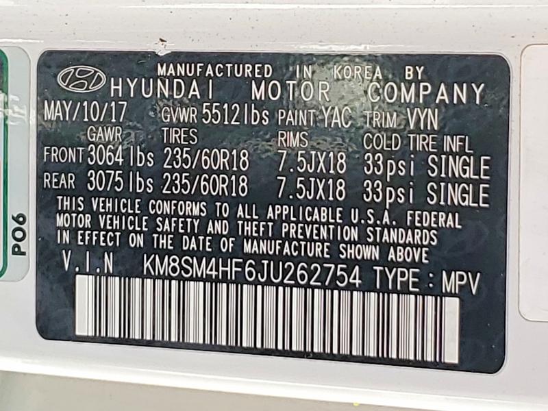 Продажа на аукционе авто 2018 Hyundai Santa Fe, vin: KM8SM4HF6JU262754, номер лота: 61014156