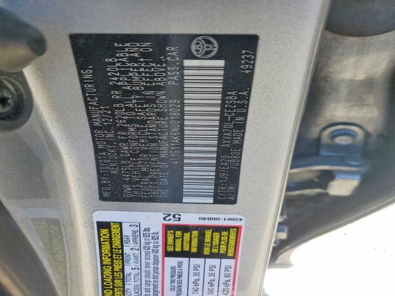 Продаж на аукціоні авто 2022 Toyota Camry, vin: 4T1G11AK6NU018029, номер лоту: 59718956