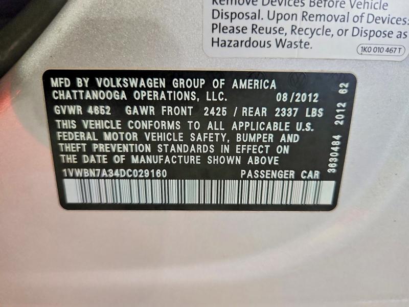 62695246 :رقم المزاد ، 1VWBN7A34DC029160 vin ، 2013 Volkswagen Passat مزاد بيع