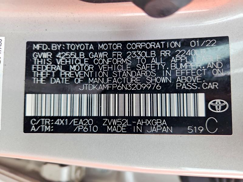Aukcja sprzedaży 2022 Toyota Prius Prime, vin: JTDKAMFP6N3209976, numer aukcji: 62056326
