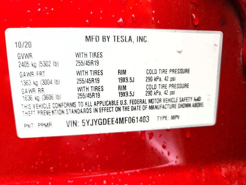 62974256 :رقم المزاد ، 5YJYGDEE4MF061403 vin ، 2021 Tesla Model Y مزاد بيع