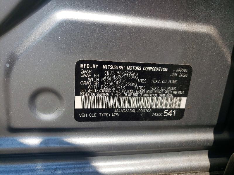 Aukcja sprzedaży 2020 Mitsubishi Outlander, vin: JA4AD3A34LJ000708, numer aukcji: 62545876