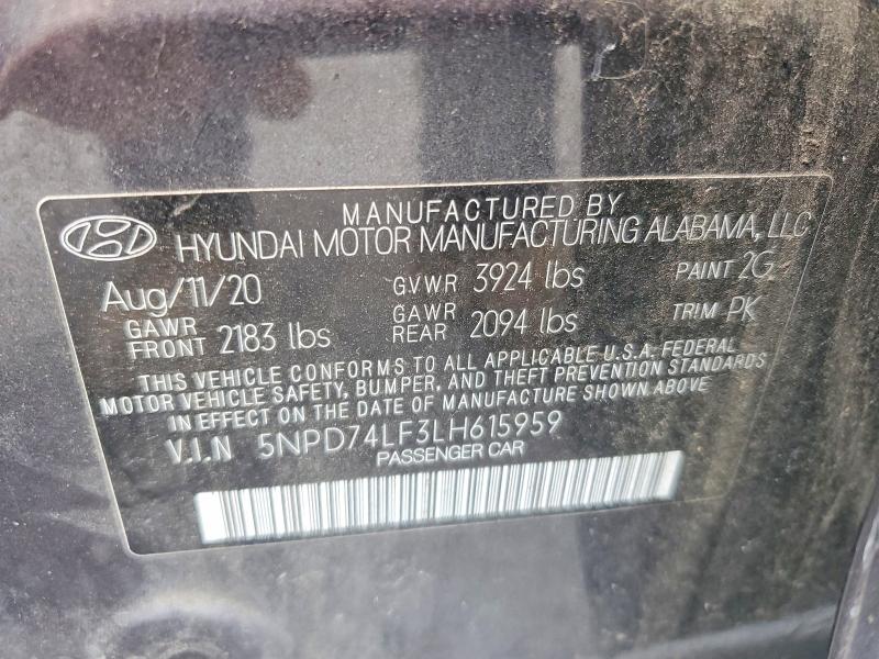 2020 Hyundai Elantra მანქანა იყიდება აუქციონზე, vin: 5NPD74LF3LH615959, აუქციონის ნომერი: 60079996