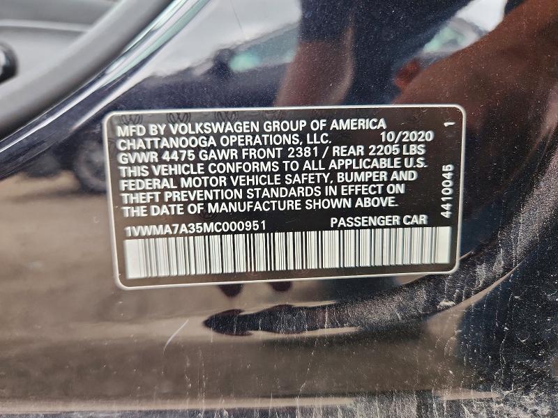 2021 Volkswagen Passat მანქანა იყიდება აუქციონზე, vin: 1VWMA7A35MC000951, აუქციონის ნომერი: 61366686