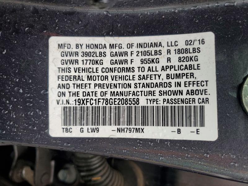 Продажа на аукционе авто 2016 Honda Civic, vin: 19XFC1F78GE208558, номер лота: 59395896