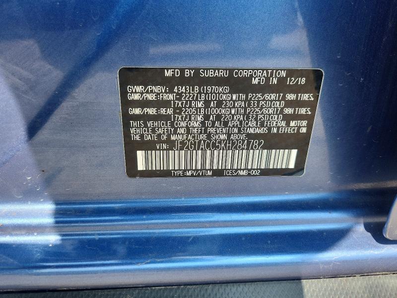 Aukcja sprzedaży 2019 Subaru Crosstrek, vin: JF2GTACC5KH284782, numer aukcji: 62321056