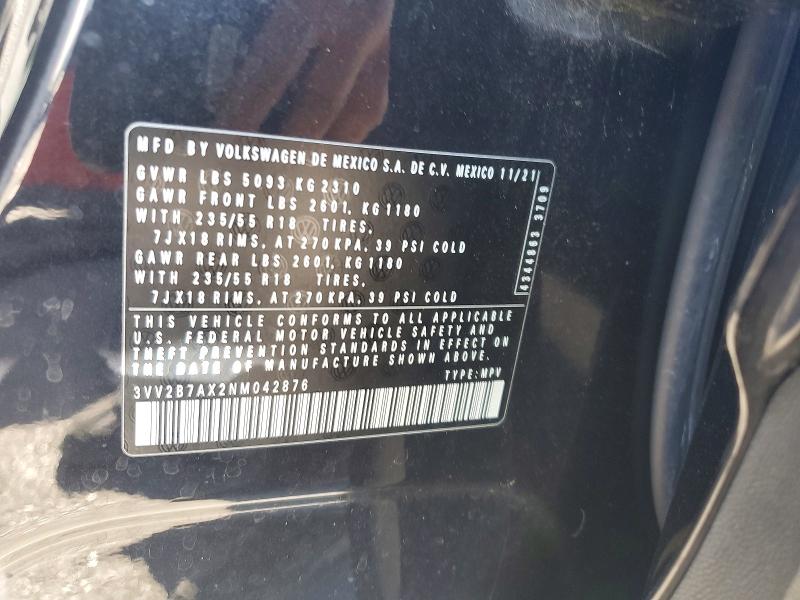 2022 Volkswagen Tiguan მანქანა იყიდება აუქციონზე, vin: 3VV2B7AX2NM042876, აუქციონის ნომერი: 62958706