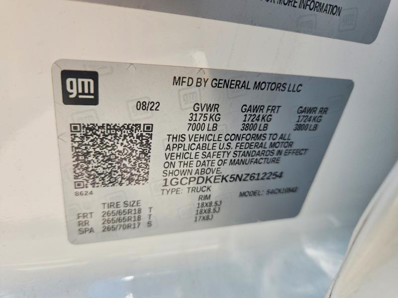 Aukcja sprzedaży 2022 Chevrolet Silverado, vin: 1GCPDKEK5NZ612254, numer aukcji: 61547666