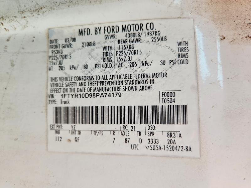 63169336 :رقم المزاد ، 1FTYR10D98PA74179 vin ، 2008 Ford Ranger مزاد بيع