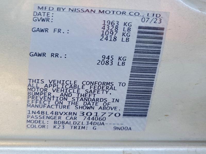 2024 Nissan Altima მანქანა იყიდება აუქციონზე, vin: 1N4BL4BVXRN301770, აუქციონის ნომერი: 59540586