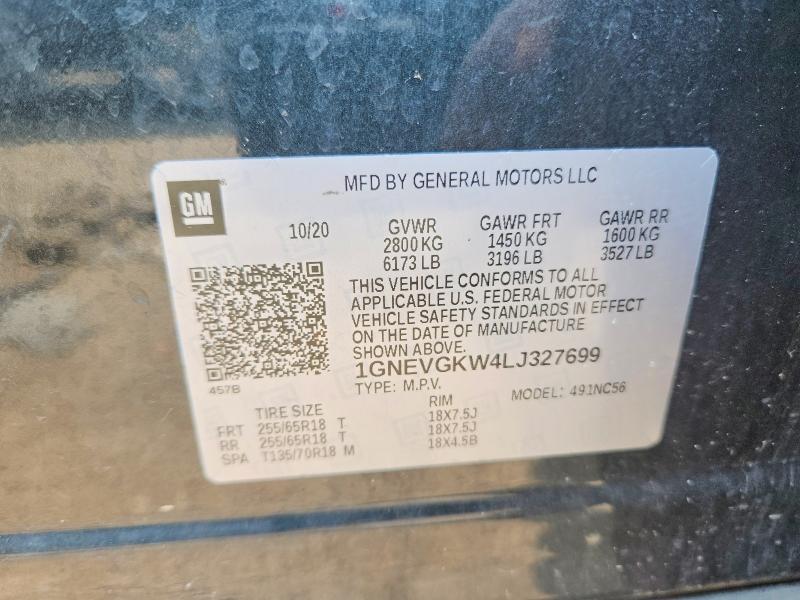 61940826 :رقم المزاد ، 1GNEVGKW4LJ327699 vin ، 2020 Chevrolet Traverse مزاد بيع