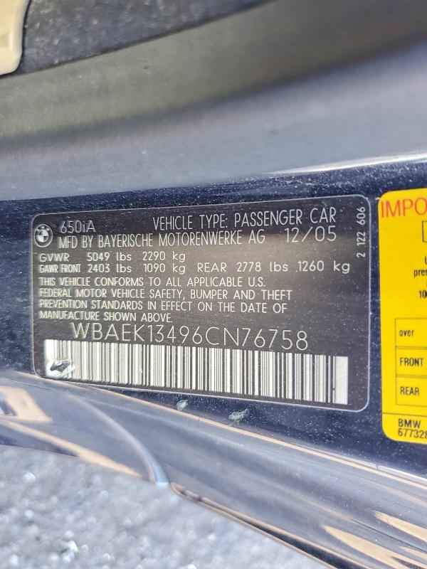 62877216 :رقم المزاد ، WBAEK13496CN76758 vin ، 2006 Bmw 650 مزاد بيع
