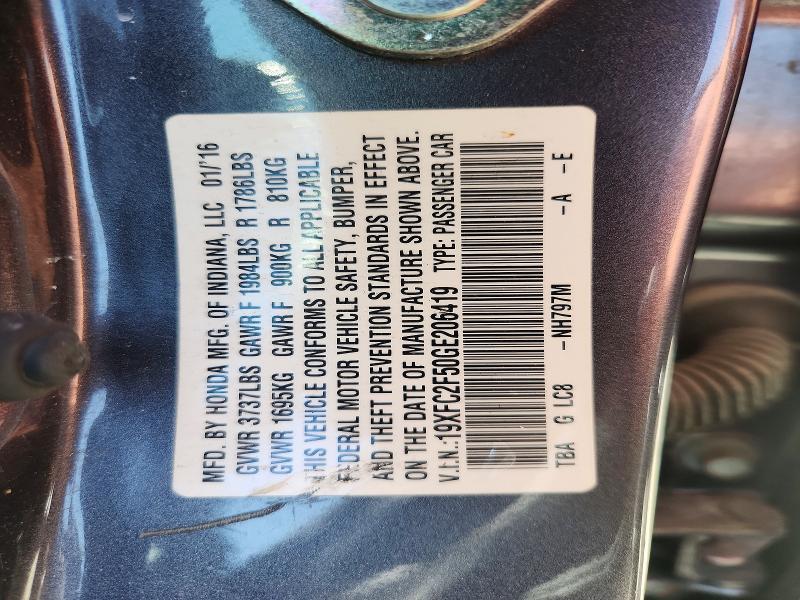 Aukcja sprzedaży 2016 Honda Civic, vin: 19XFC2F50GE206419, numer aukcji: 59618696