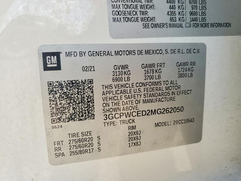 61738776 :رقم المزاد ، 3GCPWCED2MG262050 vin ، 2021 Chevrolet Silverado مزاد بيع