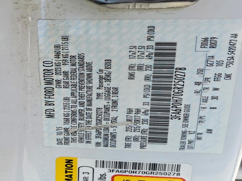 Продажа на аукционе авто 2016 Ford Fusion, vin: 3FA6P0H70GR250278, номер лота: 61917616