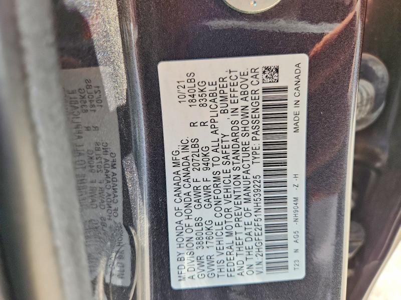 2022 Honda Civic მანქანა იყიდება აუქციონზე, vin: 2HGFE2F51NH539225, აუქციონის ნომერი: 59306596