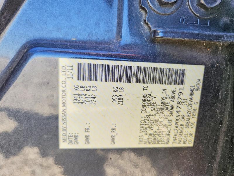 2012 Nissan Altima მანქანა იყიდება აუქციონზე, vin: 1N4AL2AP0CN478791, აუქციონის ნომერი: 59193456
