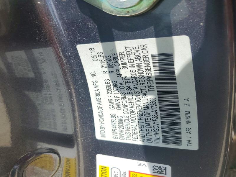 Aukcja sprzedaży 2018 Honda Accord, vin: 1HGCV1F38JA172506, numer aukcji: 60927666