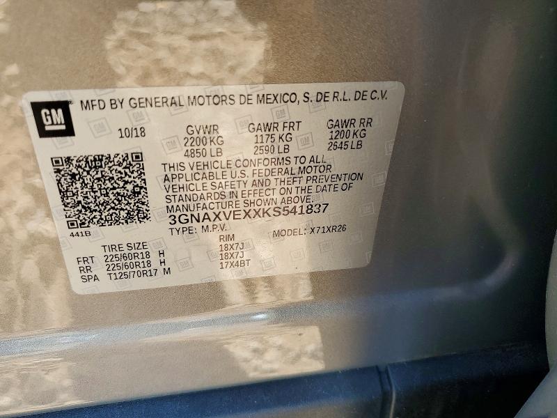 2019 Chevrolet Equinox მანქანა იყიდება აუქციონზე, vin: 3GNAXVEXXKS541837, აუქციონის ნომერი: 61583466