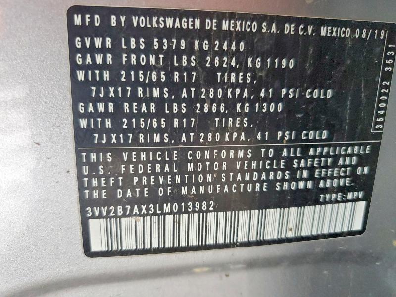 Продаж на аукціоні авто 2020 Volkswagen Tiguan, vin: 3VV2B7AX3LM013982, номер лоту: 62413976
