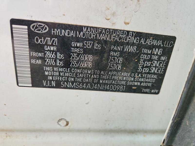 Aukcja sprzedaży 2022 Hyundai Santa Fe, vin: 5NMS64AJ4NH400981, numer aukcji: 59648796