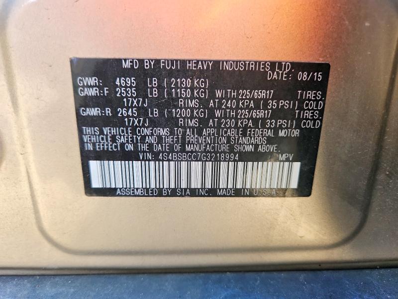 Aukcja sprzedaży 2016 Subaru Outback, vin: 4S4BSBCC7G3218994, numer aukcji: 60508656