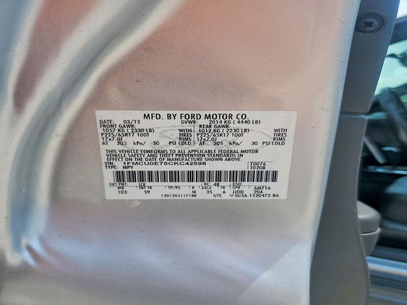 61238606 :رقم المزاد ، 1FMCU0E75CKC42598 vin ، 2012 Ford Escape مزاد بيع