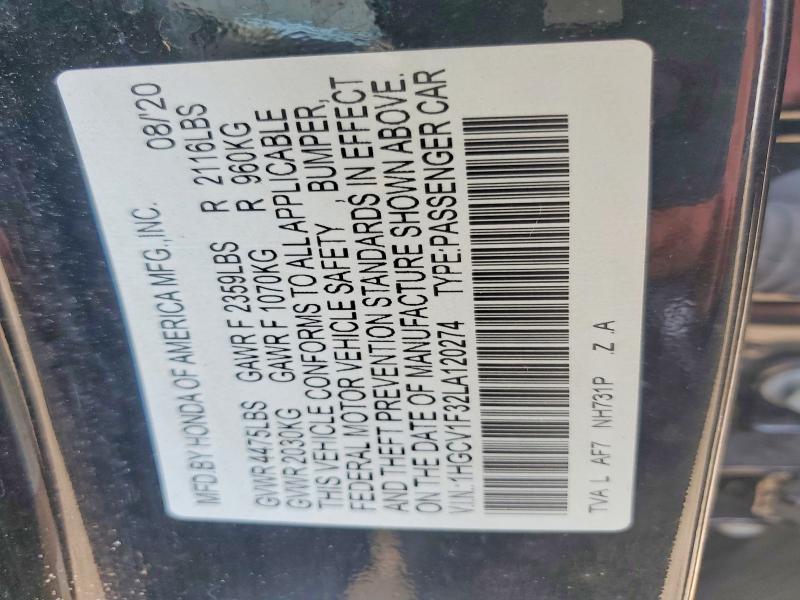 2020 Honda Accord მანქანა იყიდება აუქციონზე, vin: 1HGCV1F32LA120274, აუქციონის ნომერი: 62082756