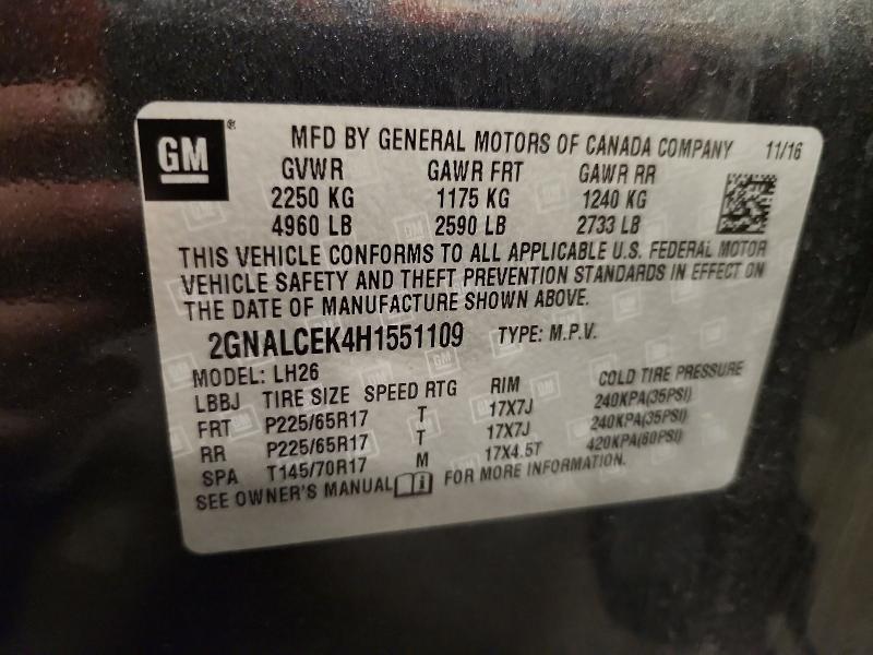 2017 Chevrolet Equinox მანქანა იყიდება აუქციონზე, vin: 2GNALCEK4H1551109, აუქციონის ნომერი: 62859976