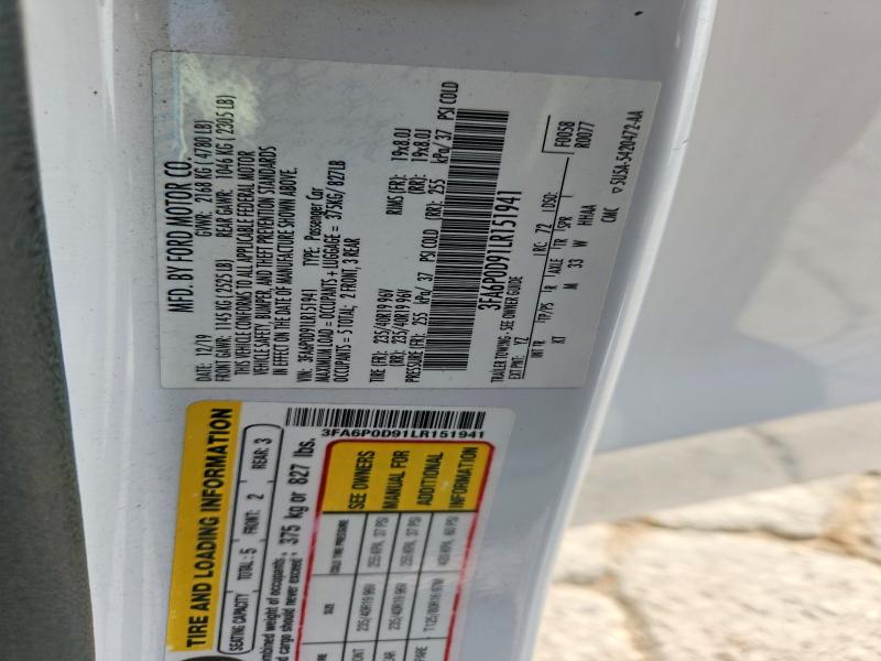 2020 Ford Fusion მანქანა იყიდება აუქციონზე, vin: 3FA6P0D91LR151941, აუქციონის ნომერი: 61785386