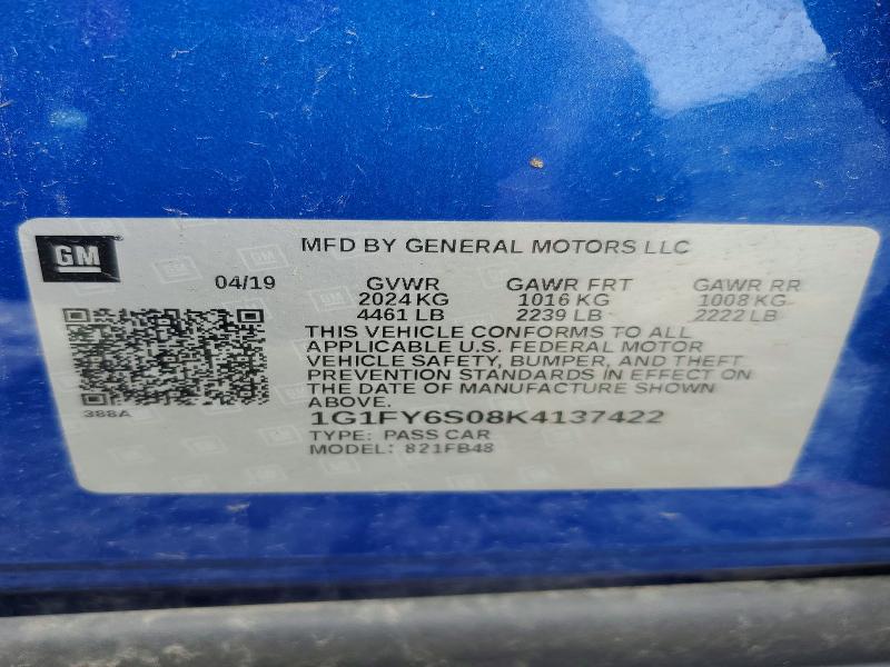 61851056 :رقم المزاد ، 1G1FY6S08K4137422 vin ، 2019 Chevrolet Bolt Ev مزاد بيع