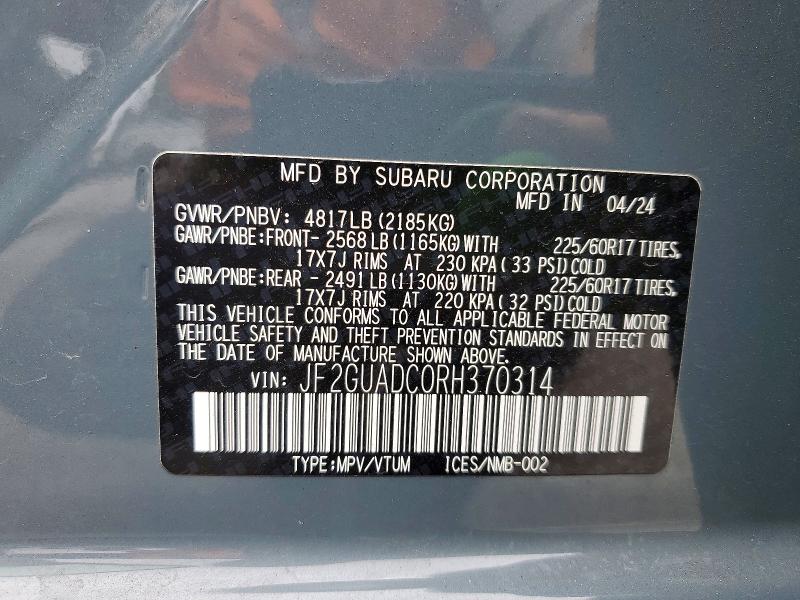 59653926 :رقم المزاد ، JF2GUADC0RH370314 vin ، 2024 Subaru Crosstrek مزاد بيع