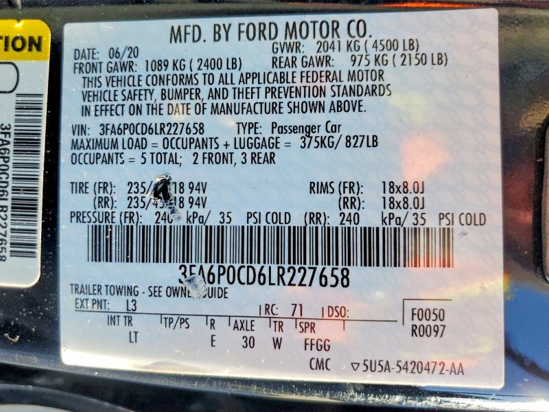 2020 Ford Fusion მანქანა იყიდება აუქციონზე, vin: 3FA6P0CD6LR227658, აუქციონის ნომერი: 60149066